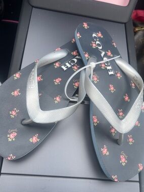 Coach Navy Flip Flops with Pink Rose Print and Silver Straps W 7-8